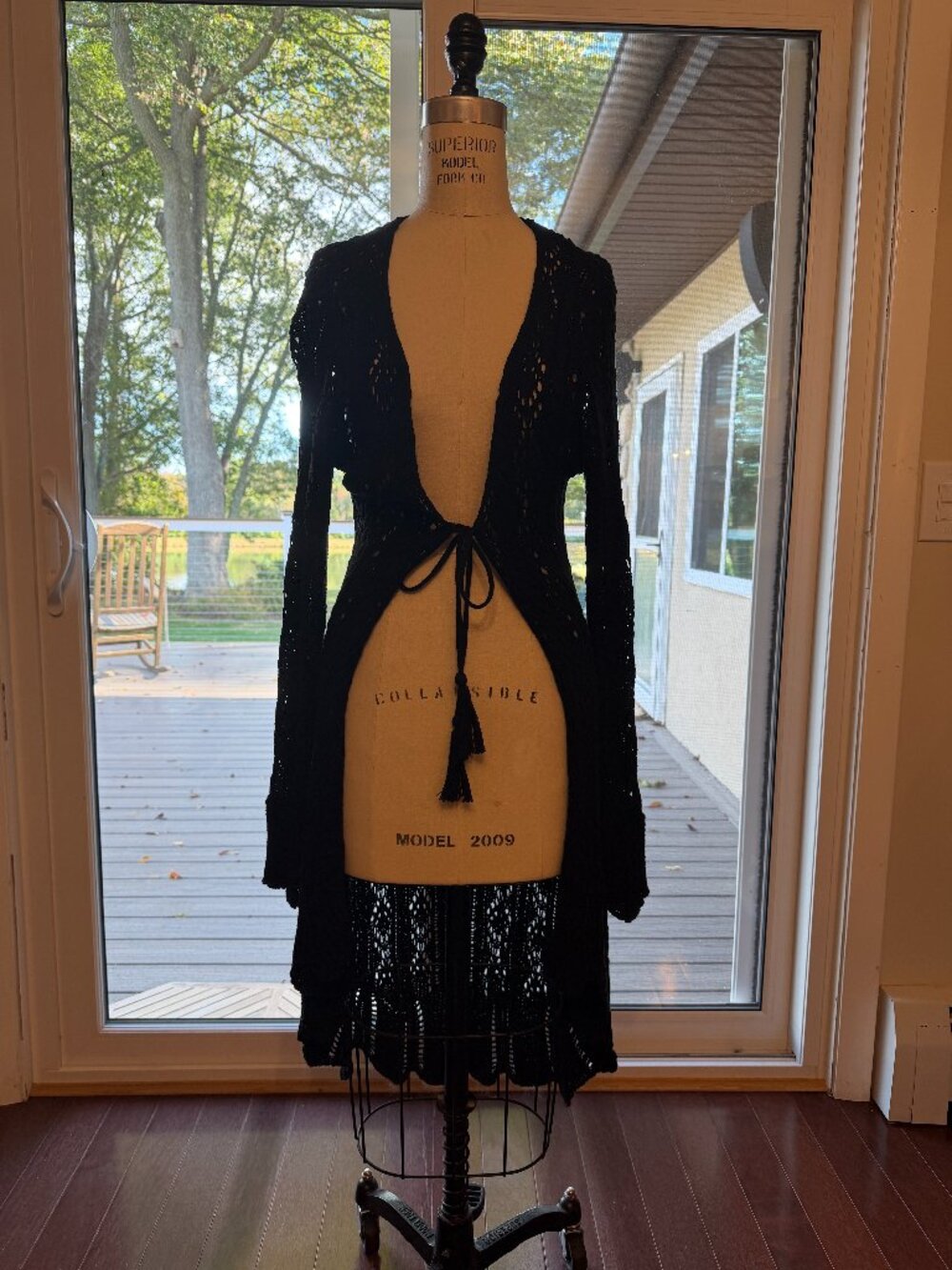 VENUS Long Tie Front Crochet Cardigan Black Duster M